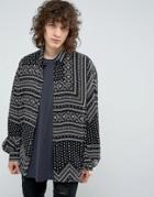 Asos Regular Fit Viscose Shirt With Geo-tribal Print And Fluffed Cuffs - Black