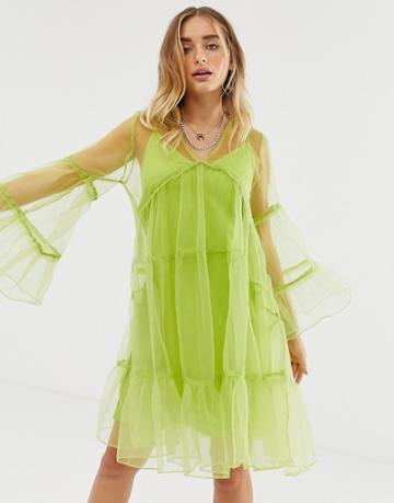 Sacred Hawk Sheer Oversized Midi Dress With Button Front-green