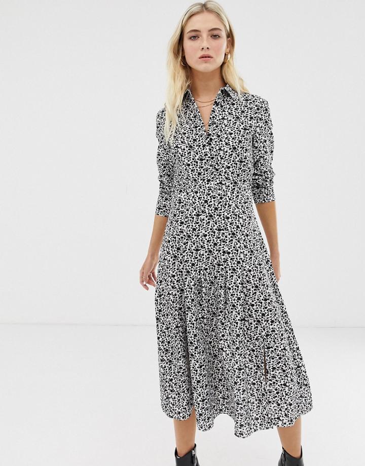 Glamorous Midi Shirt Dress In Ditsy Floral-black