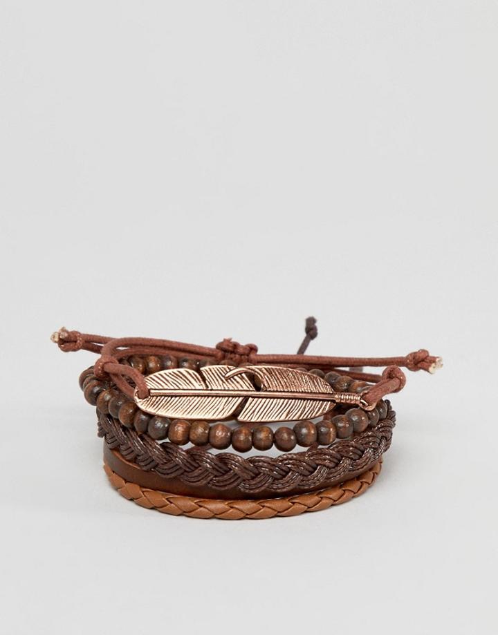 Asos Design Bracelet Pack In Brown With Rose Gold Feather - Brown