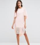 Asos Tall Flutter Sleeve T-shirt Dress With Fringe Hem - Pink