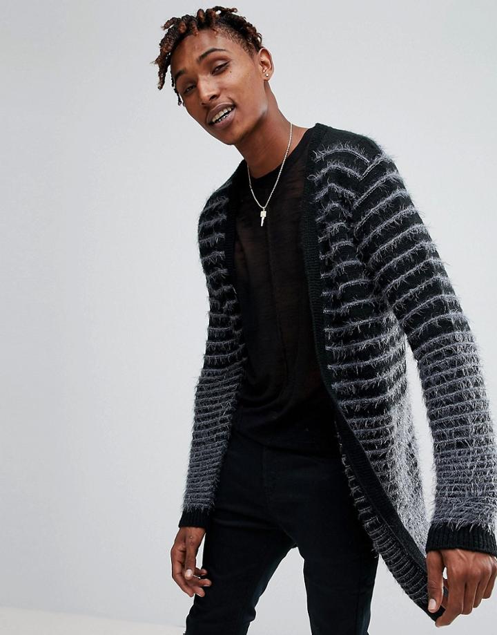 Asos Longline Boucle Textured Stripe Cardigan In Black - Black