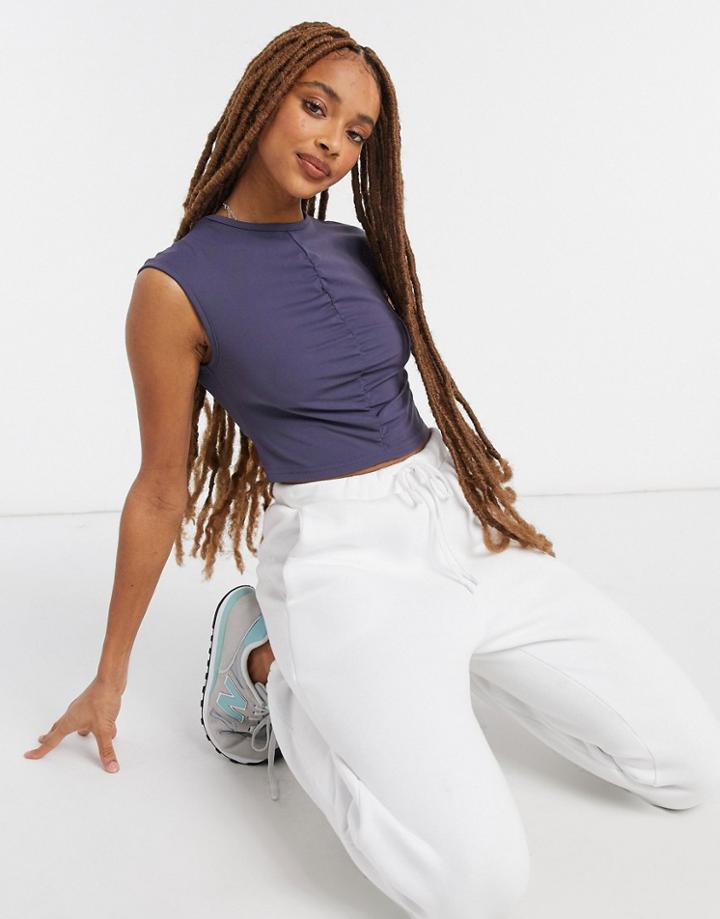 In The Style X Courtney Black Activewear Ruched Detail Crop Top In Charcoal-grey