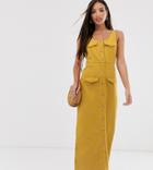 Asos Design Tall Denim Button Down Midi Dress In Mustard-orange