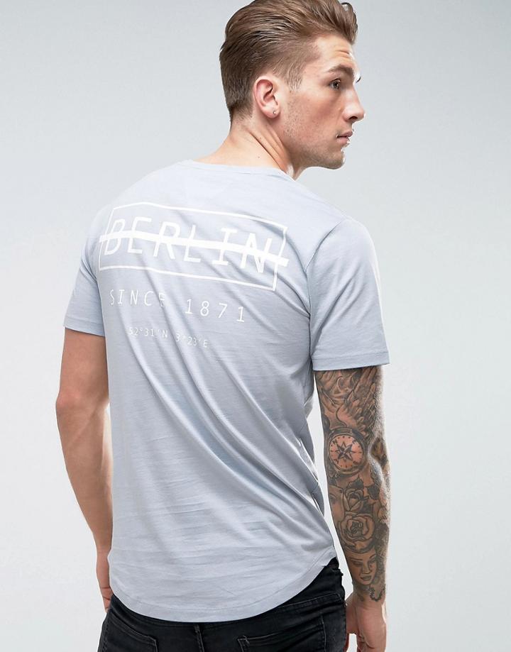Only & Sons Longline T-shirt With Curved Hem And Print - Blue