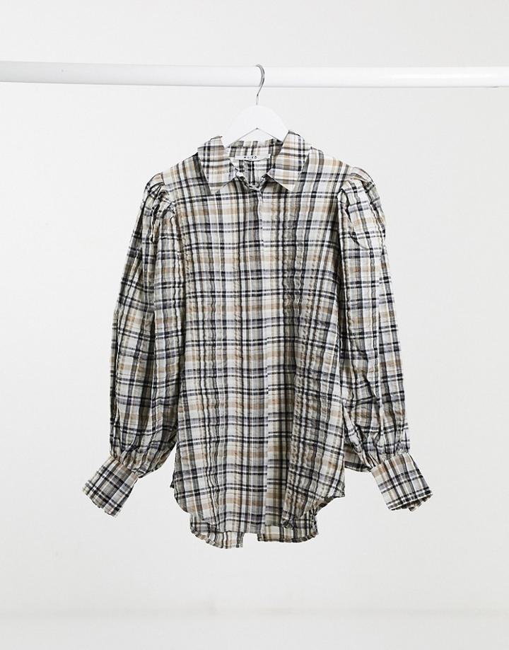 Na-kd Puff Sleeve Oversized Plaid Shirt In Brown