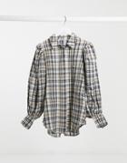 Na-kd Puff Sleeve Oversized Plaid Shirt In Brown