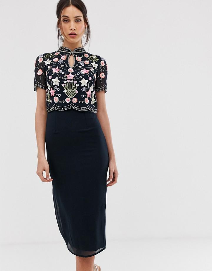 Frock And Frill Floral And Star Embellished Midaxi Dress With Keyhole Kimono Collar In Navy