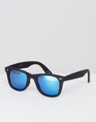 Asos Square Sunglasses In Matte Black With Blue Mirror Lens - Black