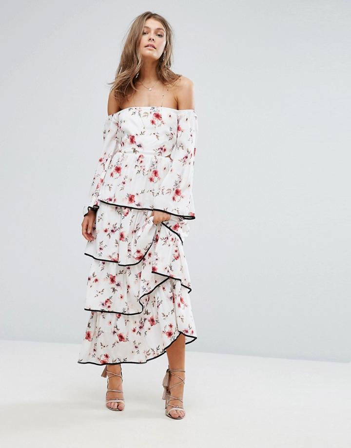 Foxiedox Floral Off The Shoulder Tiered Ruffle Maxi Dress - Multi