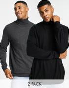 Asos Design 2 Pack Cotton Roll-neck Sweater In Black And Charcoal Save-multi
