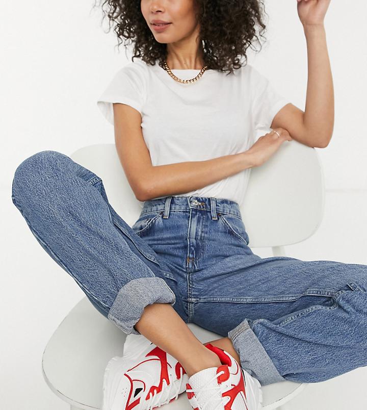 Asos Design Tall High Rise 'slouchy' Mom Jean In Midwash-blues