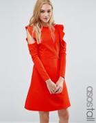 Asos Tall Skater Dress With Cold Shoulder Frill Sleeve Detail - Red