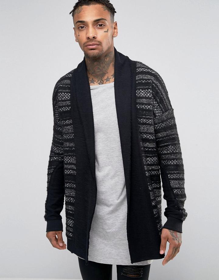 Black Kaviar Shawl Collar Cardigan In Texture - Black