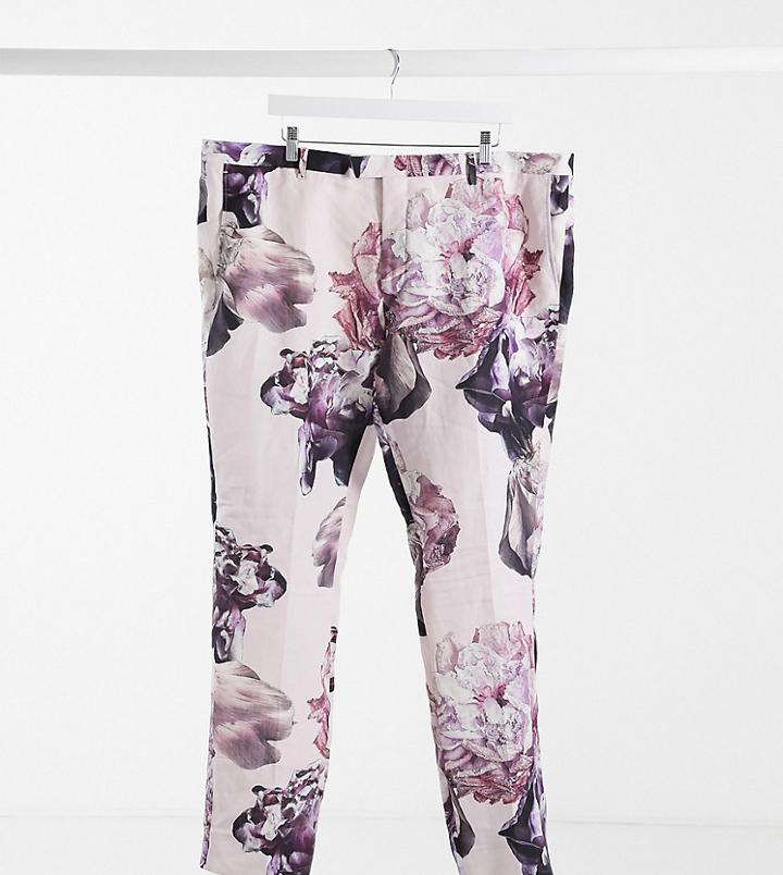 Twisted Tailor Plus Slim Linen Suit Pants In Dusty Pink With Floral Print