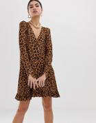 Asos Design Leopard Print Button Through Mini Dress - Multi