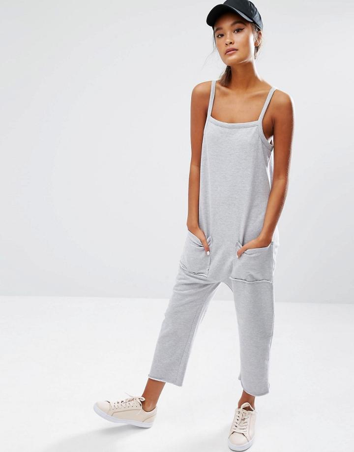 Daisy Street Jersey Jumpsuit With Raw Hem And Pockets - Gray Marl