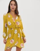 Love Wrap Over Floral Dress In Mustard - Yellow