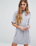 Young Bohemians Tea Dress With Ribbon Tie High Neck And Floral Embroid