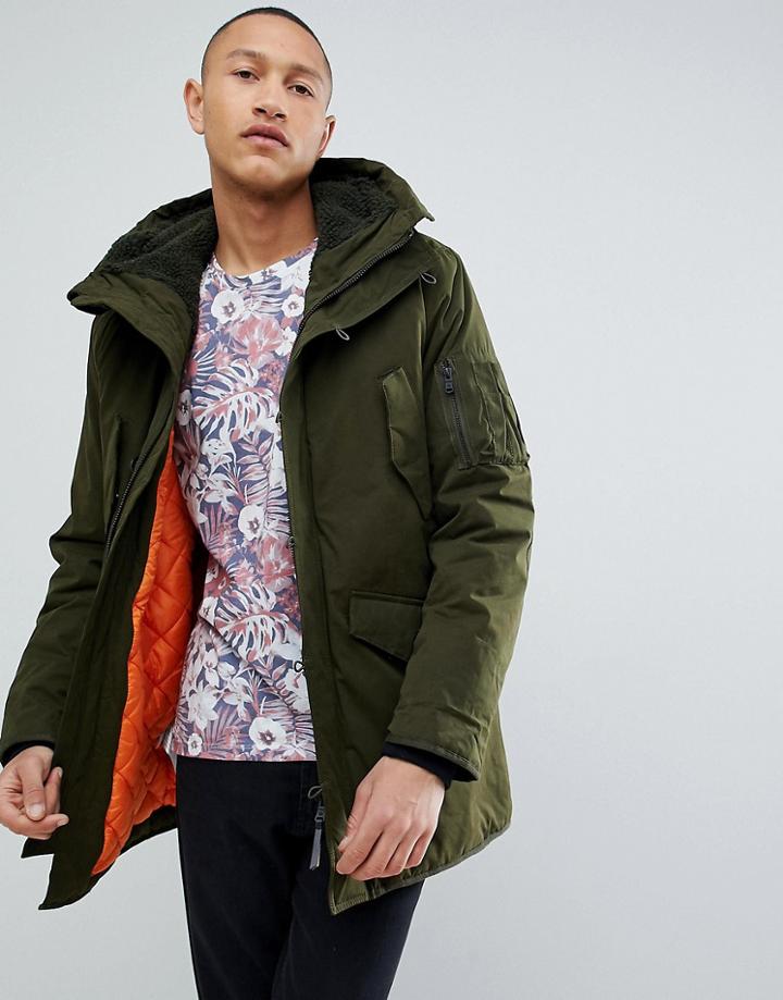 Mango Man Parka With Faux Fur Hood In Khaki - Green