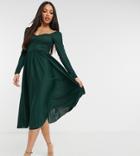 Asos Design Tall Long Sleeve Ruched Bust Midi Dress In Forest Green