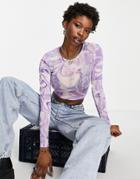 Noisy May Mesh Long Sleeve Swirly Abstract Print Crop Top In Lilac-purple