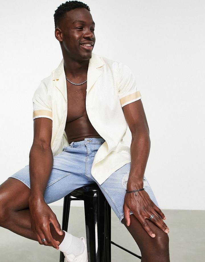 Siksilk Revere Collar Shirt In White With Taping Detail And All-over Logo Print