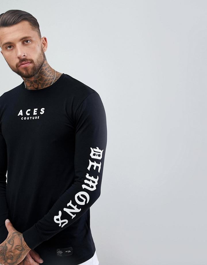 Aces Couture Muscle Long Sleeve T-shirt With Arm Print - Black