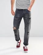 Asos Straight Jeans With Rips In Washed Black - Washed Black