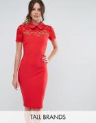 City Goddess Tall Collared Pencil Dress With Lace Yoke - Red