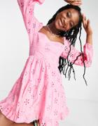 Asos Design Long Sleeve Broderie Tiered Mini Skater Dress In Pink