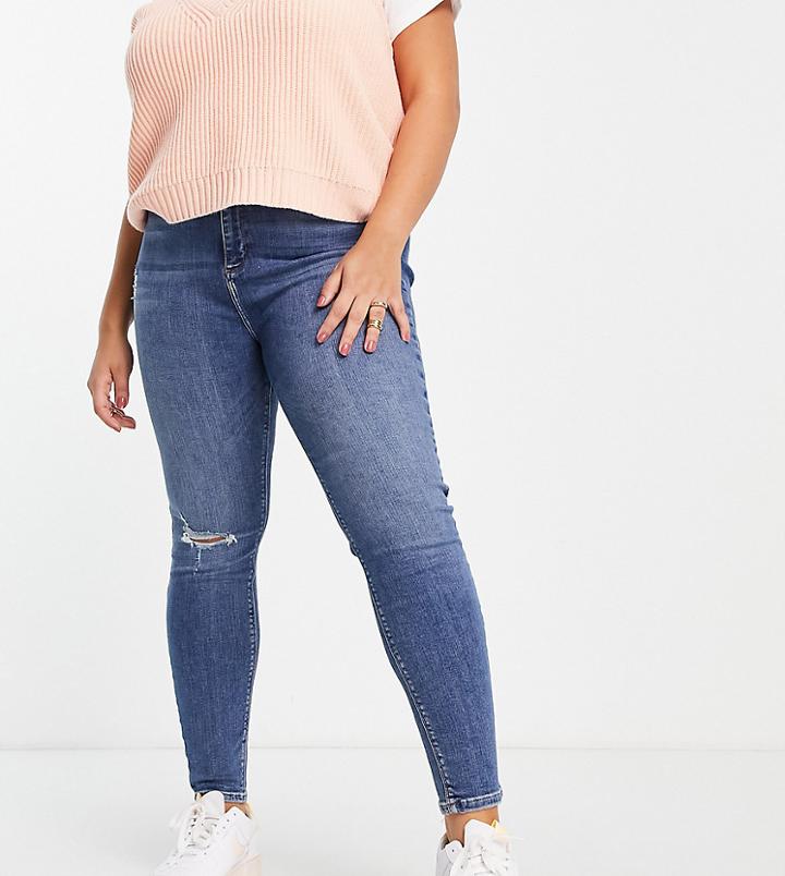 River Island Plus Ripped Knee Skinny Jeans In Dark Blue