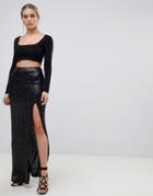 Outrageous Fortune Sequin Maxi Wrap Skirt With Front Split In Black - Black