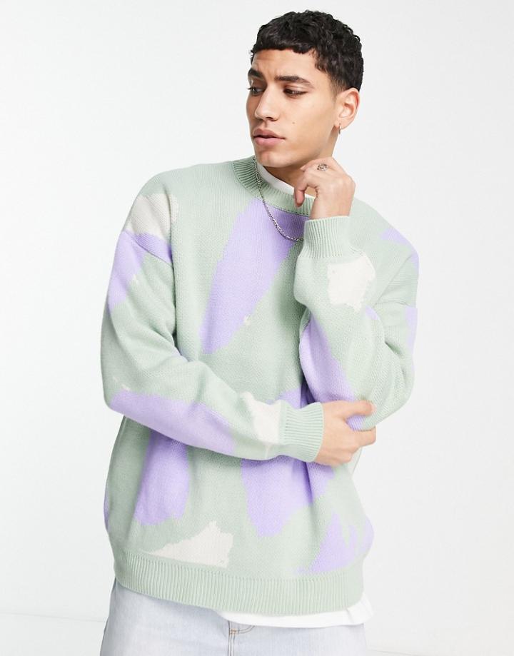 Asos Design Knitted Sweater With Abstract Jacquard In Green
