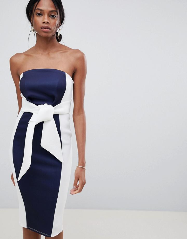 Asos Design Color Block Bandeau Scuba Midi Dress-navy