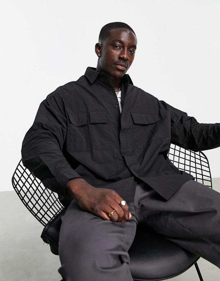 Asos Design Clean Utility Nylon Shirt In Black