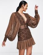 Asos Design Lace Mini Dress With Pleated Sleeve And Hem With Satin Belt-brown