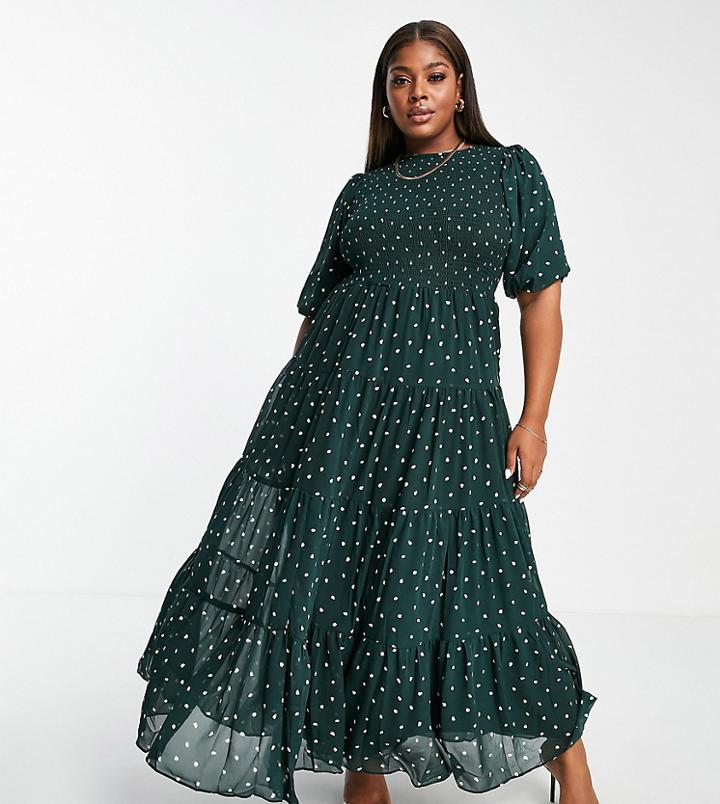 Asos Design Curve Shirred Tiered Maxi Dress In Green Spot Print-multi