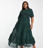 Asos Design Curve Shirred Tiered Maxi Dress In Green Spot Print-multi
