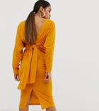 Asos Design Petite Deep V Tie Back Midi Dress-yellow