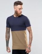 Asos Longline Muscle T-shirt In Half And Half Navy And Tobacco