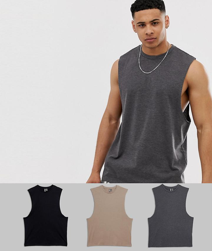 Asos Design Sleeveless T-shirt With Dropped Armhole 3 Pack Save - Multi