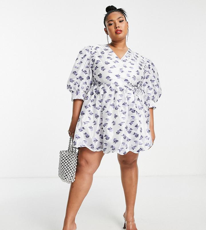 Sister Jane Plus Mini Wrap Dress In Blue Floral-white