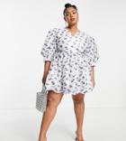 Sister Jane Plus Mini Wrap Dress In Blue Floral-white
