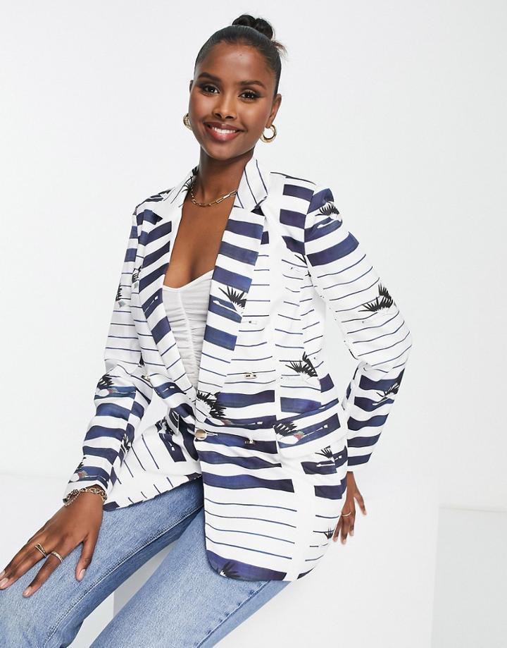 Liquorish Double Breasted Jacket In Stripe & Bird Print-multi