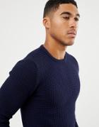 Asos Design Muscle Fit Waffle Textured Sweater In Navy