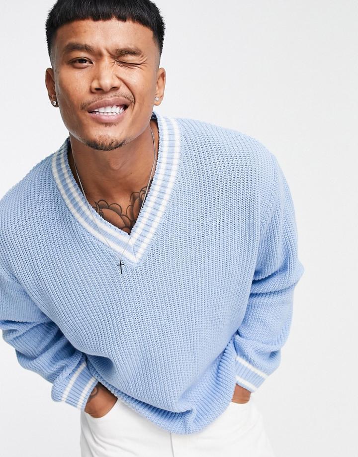 Asos Design Fisherman Rib Cricket Sweater In Light Blue