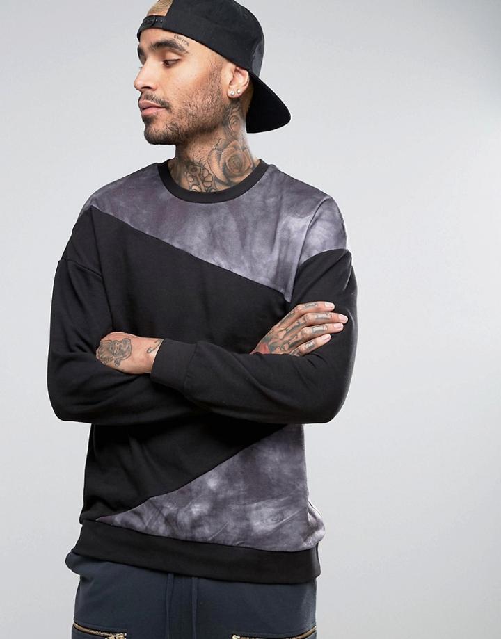 Bershka Sweatshirt With Tie Dye Panels In Black - Black