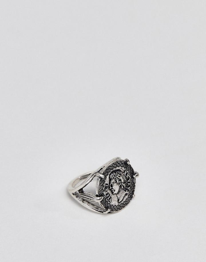 Asos Design Chunky Coin Ring With Cut Out In Burnished Silver Tone - Silver