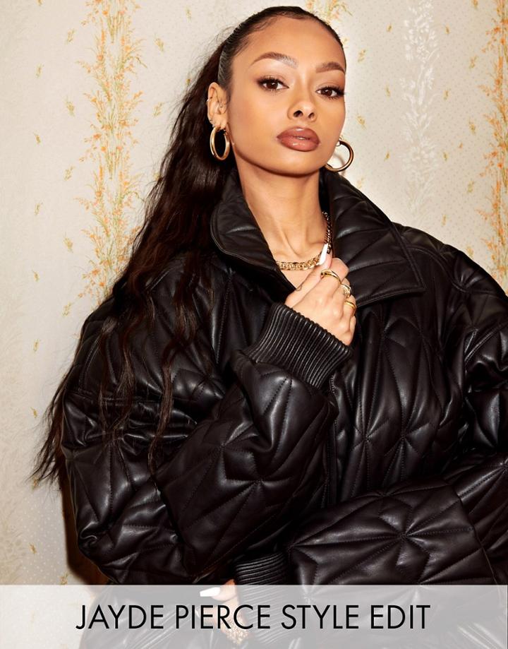 Asos Design Quilted Leather Look Bomber Jacket In Black